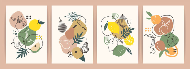 Collection of contemporary art prints. Abstract fruits. Apples, pears, apricots and lemons. - 382091346