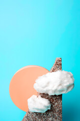 Blue and orange podium with cloud on pastel background. Concept scene stage showcase, for product, promotion, sale, banner, presentation, cosmetic and fashion. Minimal showcase mock up concept.