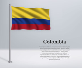 Waving flag of Colombia on flagpole. Template for independence day poster