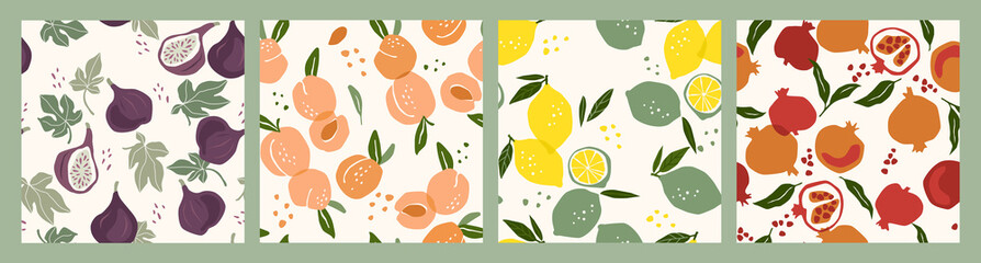 Set of vector seamless patterns with fruits. Trendy hand drawn textures. Modern abstract design