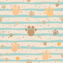 Cute Pattern with Golden dog paws with pastel blue stripes on beige background with tiny dots. Hand Drawn Design.