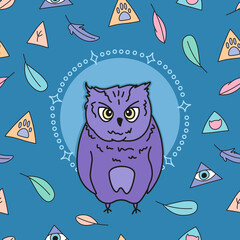 cute cartoon sleepy owl on magic blue background seamless pattern, hand drawn editable vector illustration