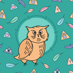cute cartoon sleepy owl on magic green background seamless pattern, hand drawn editable vector illustration