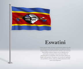 Waving flag of Eswatini on flagpole. Template for independence day