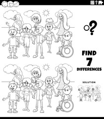 Fototapeta na wymiar differences educational task with kids and teens coloring book page
