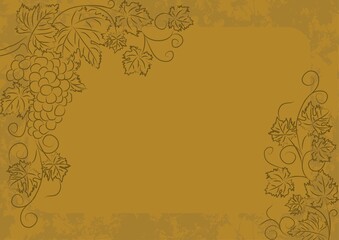 Grunge vintage gold vector template with grapevine linear pattern. Background with copy space with frame of grape stems with bunch of berries