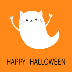 Happy Halloween. Flying cat kitten ghost spirit holding hands up. Boo. Cute cartoon kawaii spooky baby character. Scary white ghosts. Smiling face. Greeting card. Orange background. Flat design.