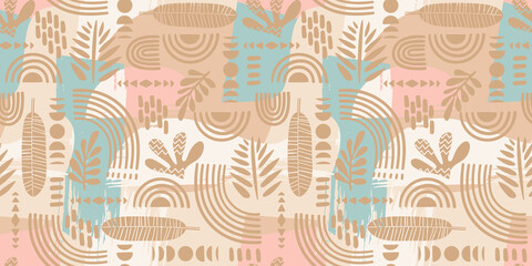 Artistic seamless pattern with abstract leaves and geometric shapes.
