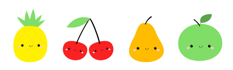 Apple Pear Pineapple Cherry icon set line. Yellow color. Cute cartoon kawaii smiling baby character. Funny fruit berry face. Flat design. White background. Isolated.