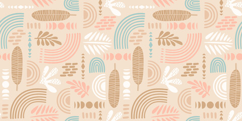 Artistic seamless pattern with abstract leaves and geometric shapes. Modern vector design for paper, cover, fabric, interior decor and more.