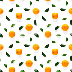 Mandarine seamless pattern, tangerine, clementine isolated on white background with green leaves. Collection of fine seamless patterns.