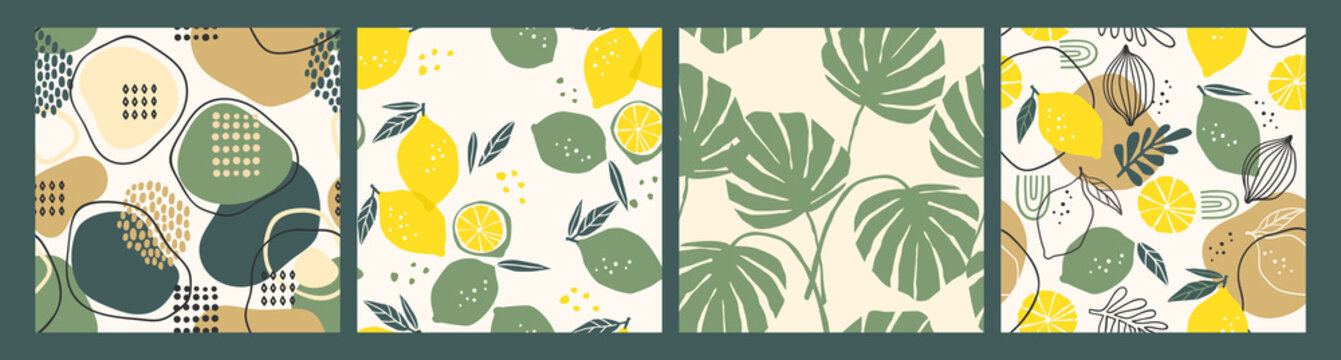Abstract collection of seamless patterns with lemons, leaves and geometric shapes. Modern design