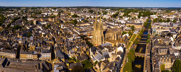 Aerial view of center of Quimper on banks of Odet River overlooking of Cathedral of Saint Corentin...