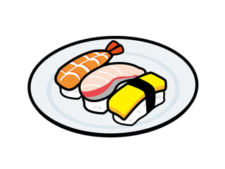 お皿に盛られたお寿司（海老、ブリ、卵）