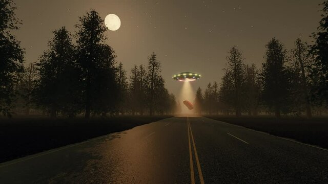 Fantasy future 3d UFO stole red car at night 4k