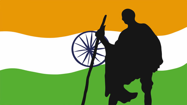 Gandhi Jayanti illustration with Indian National Flag background and the silhouette of mahatma gandhiji for 2nd October