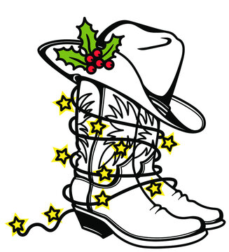 Cowboy Christmas printable Cowboy boots and hat with holiday lights. Western boots and hat background with rope frame for text or design
