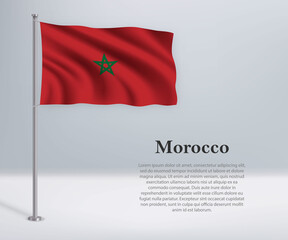 Waving flag of Morocco on flagpole. Template for independence day