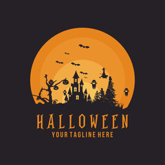 Halloween witch with pumpkin logo design template