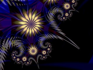 Fractal image with flowers on dark background.Template with place for inserting your text.Multicolor flowers. Fractal art as background.