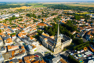 Aerial view of Lucon cityscape and cathedral of Notre Dame in Vendee department, western France