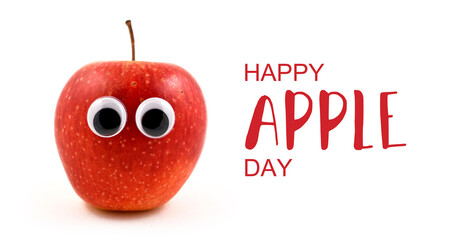 Happy Apple Day stock images. Cute red apple with googly eyes stock images. Funny apple isolated on white background. Apple Day Poster, October 21. Important day