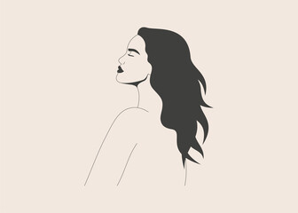 Silhouette of young woman with flying hair. Strong girl hugging yourself and enjoying the freedom. Body positive concept. Vector illustration