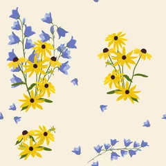 Fototapeten Seamless vector illustration with flowers of rudbeckia and campanula © Nadezhda