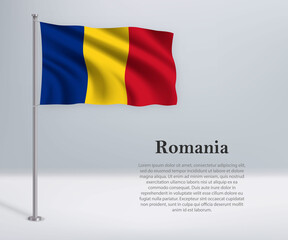 Waving flag of Romania on flagpole. Template for independence day