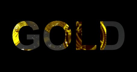 The word "gold" on a black isolated background. Transparent text that shows gold coins sinking under water. - Powered by Adobe