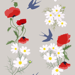Seamless vector illustration with poppies, kosmeja and swallows