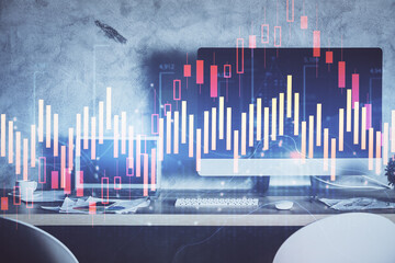 Double exposure of forex chart and work space with computer. Concept of international online trading.