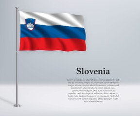 Waving flag of Slovenia on flagpole. Template for independence day