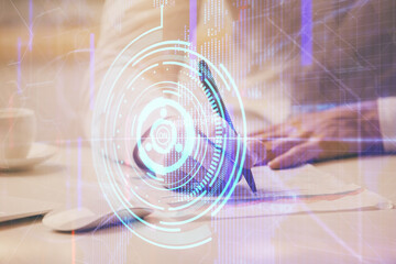 Fototapeta premium Man in white shirt with technology icons.