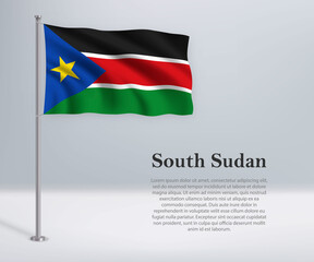 Waving flag of South Sudan on flagpole. Template for independence day