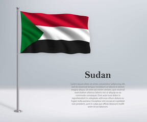 Waving flag of Sudan on flagpole. Template for independence day