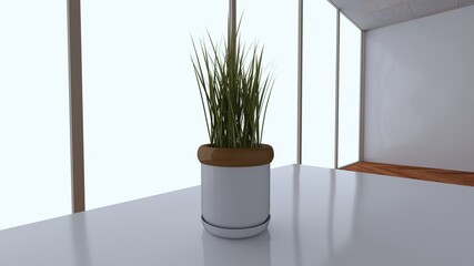Plant in a vase on the table in the office. 3d render. Daylight