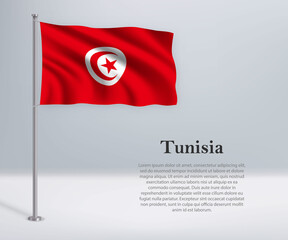 Waving flag of Tunisia on flagpole. Template for independence day