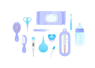 Newborn baby health care and hygiene grooming essentials set. Tools for child care pacifier, baby bottle, scissors, thermometer, enema clyster. Birth, motherhood and medicine flat vector illustration