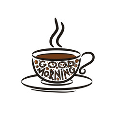 Good morning lettering hand drawn card with grains. Steaming cup of coffee. Morning mood. Vector illustration for poster or banner for menu, cafe, restaurant.