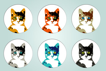 Rundes Icon einer Katze in sechs Farben
