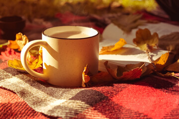 Cup of coffee and yellow book are placed on red plaid blanket. Autumn warm cozy photo