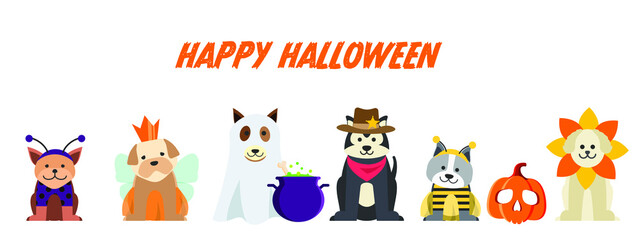 Happy Halloween Banner with dogs in costumes, pumpkin, witch pot, vector illustration