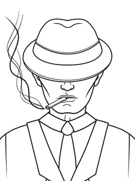 Mafia man with a hat and a cigarette. Gangster. Black and white. Vector illustration. Hand drawn object for design, advertisements.