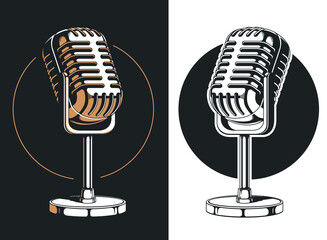 Silhouette podcasting microphone recording isolated vector logo icon illustration on black and white style - obrazy, fototapety, plakaty