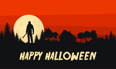 Happy Halloween Flat Design Vector Graphic Friday the 13th Crystal Lake Landscape  - obrazy, fototapety, plakaty