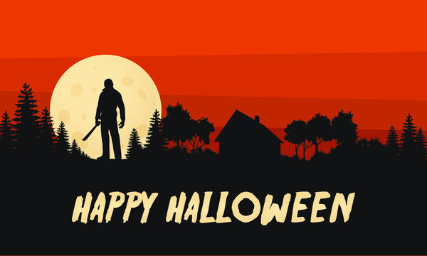 Happy Halloween Flat Design Vector Graphic Friday the 13th Crystal Lake Landscape 