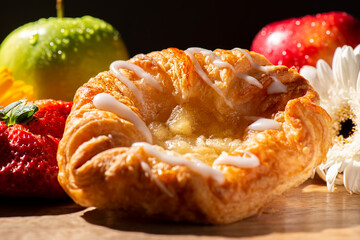 Detailed closeup macro photo of an Apple Danish Pastry, food background.
