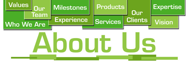 About Us Green Boxes Word Cloud On Top 