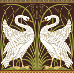 White swan and reeds decorative border pattern on dark background. Vector illustration. - 382106984